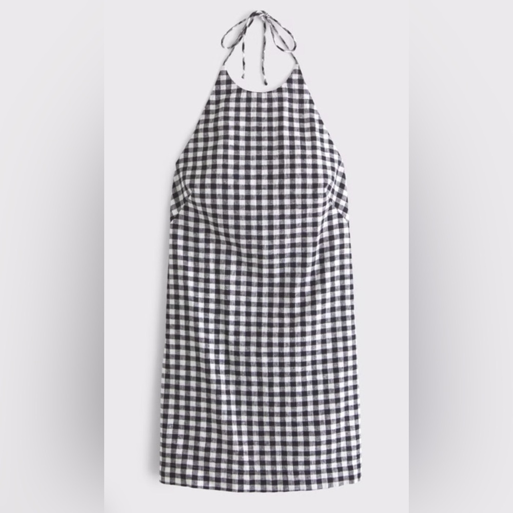 Abercrombie & Fitch Gingham Halter Mini Dress Large Tall Black White Linen Blend - Picture 6 of 11